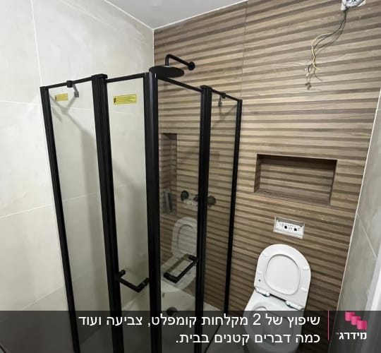 חדר אמבטיה עם מקלחון זכוכית ושירותים מותקנים